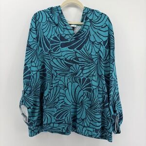 Sun Bay Women's Plus Size 1X Turquoise Navy Abstract Leaf Print Hoodie Pockets